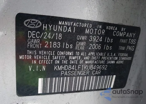 2019 Hyundai Elantra Value Edition z USA, uszkodzony, nr VIN KMHD84LF1KU849692